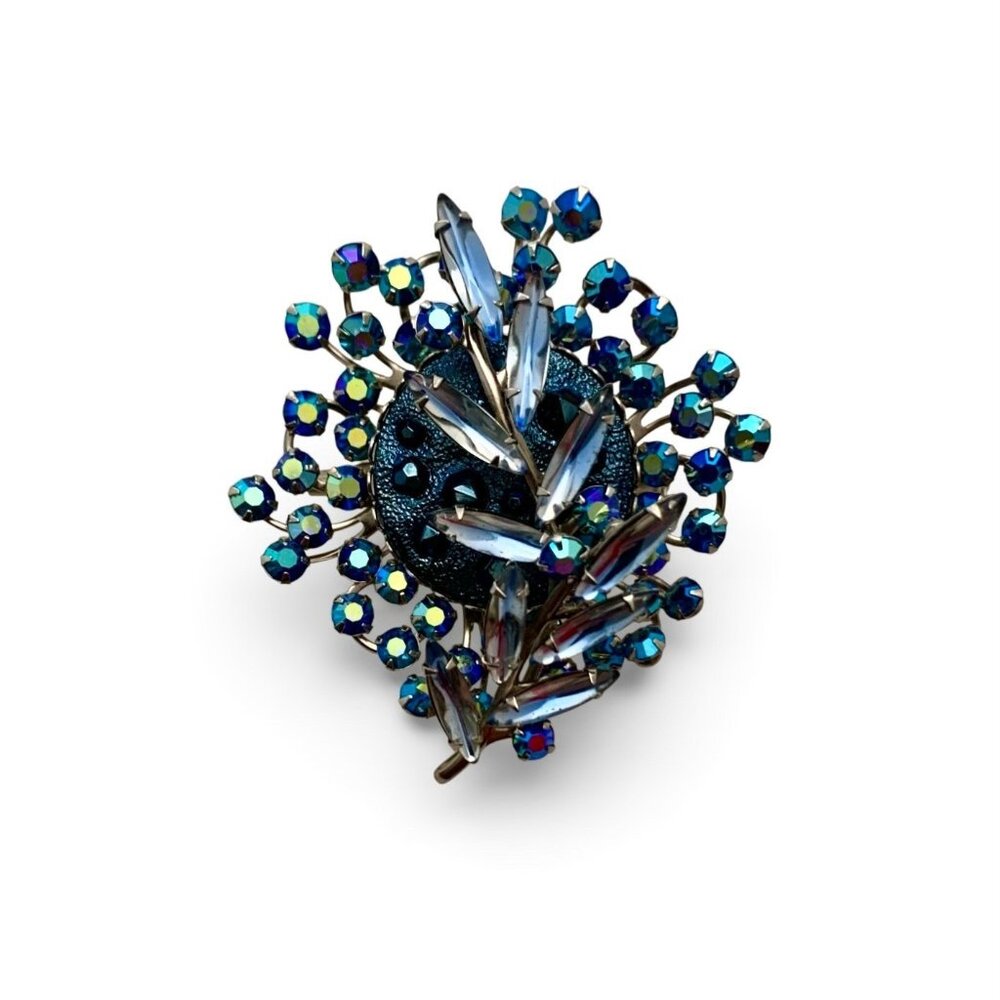 Brooch Judy Lee Design Blue Rinestone Leaf and Flowers Vintage Jewelry Gift